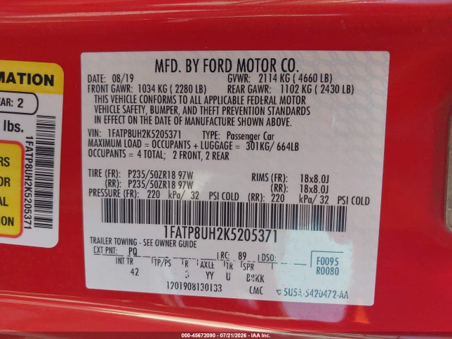 1FATP8UH2K5205371 Ford Mustang Ecoboost Premium