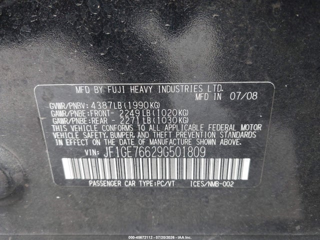 Aukcja sprzedaży 2009 Subaru Impreza Wrx, vin: JF1GE76629G501809, numer aukcji: 45672112