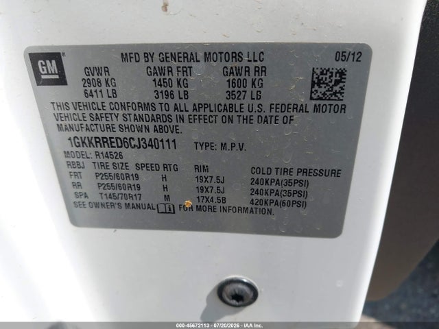 Aukcja sprzedaży 2012 Gmc Acadia Slt-1, vin: 1GKKRRED6CJ340111, numer aukcji: 45672113