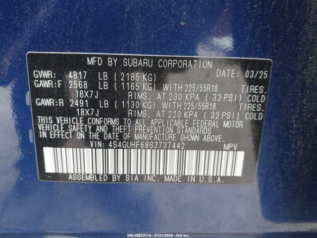 45672114 :رقم المزاد ، 4S4GUHF68S3737442 vin ، 2025 Subaru Crosstrek Sport مزاد بيع