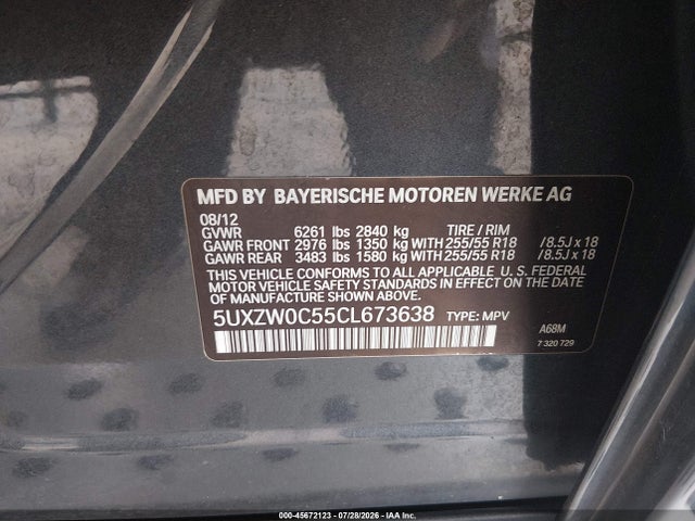 Aukcja sprzedaży 2012 Bmw X5 Xdrive35d, vin: 5UXZW0C55CL673638, numer aukcji: 45672123