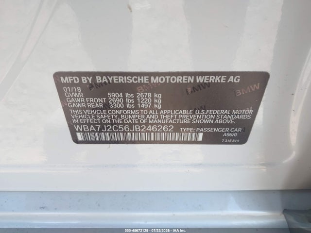 2018 Bmw 740e Xdrive Iperformance მანქანა იყიდება აუქციონზე, vin: WBA7J2C56JB246262, აუქციონის ნომერი: 45672125