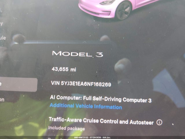 2022 Tesla Model 3 Rear-wheel Drive მანქანა იყიდება აუქციონზე, vin: 5YJ3E1EA6NF168269, აუქციონის ნომერი: 45672132