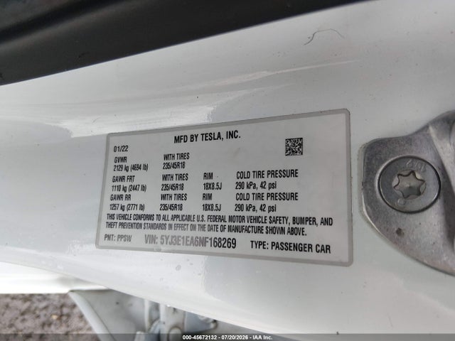 2022 Tesla Model 3 Rear-wheel Drive მანქანა იყიდება აუქციონზე, vin: 5YJ3E1EA6NF168269, აუქციონის ნომერი: 45672132