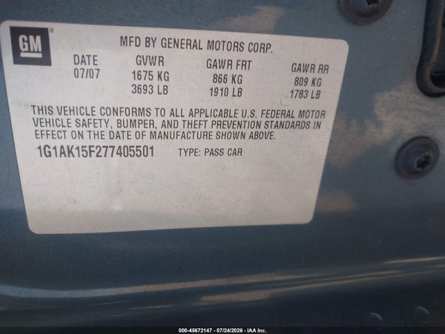 Aukcja sprzedaży 2007 Chevrolet Cobalt Ls, vin: 1G1AK15F277405501, numer aukcji: 45672147