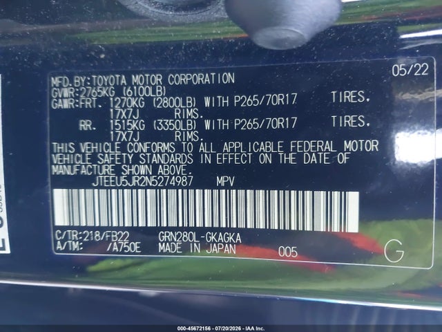 45672156 :رقم المزاد ، JTEEU5JR2N5274987 vin ، 2022 Toyota 4runner Sr5 مزاد بيع