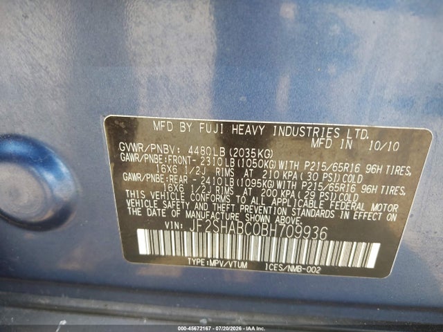 Aukcja sprzedaży 2011 Subaru Forester 2.5x, vin: JF2SHABC0BH709936, numer aukcji: 45672167