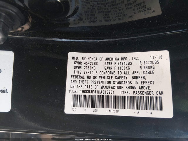 Aukcja sprzedaży 2017 Honda Accord Ex-l V6, vin: 1HGCR3F81HA016961, numer aukcji: 45672169