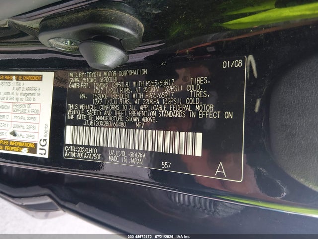 Aukcja sprzedaży 2008 Lexus Gx 470, vin: JTJBT20X280160480, numer aukcji: 45672172
