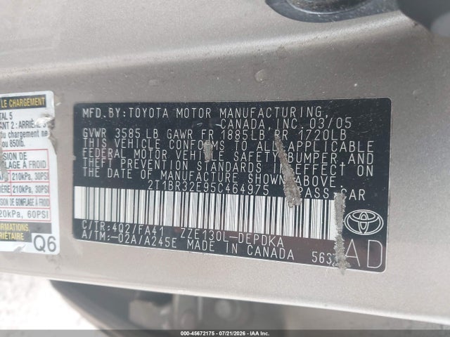 Aukcja sprzedaży 2005 Toyota Corolla Ce, vin: 2T1BR32E95C464975, numer aukcji: 45672175