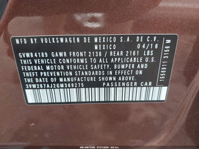 Продажа на аукционе авто 2016 Volkswagen Jetta 1.4t S, vin: 3VW267AJ2GM369275, номер лота: 45672180