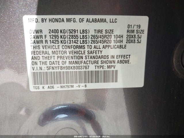 2019 Honda Passport Touring მანქანა იყიდება აუქციონზე, vin: 5FNYF8H98KB003767, აუქციონის ნომერი: 45672181