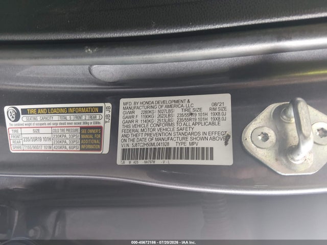 45672186 :رقم المزاد ، 5J8TC2H50ML041928 vin ، 2021 Acura Rdx Technology Package مزاد بيع