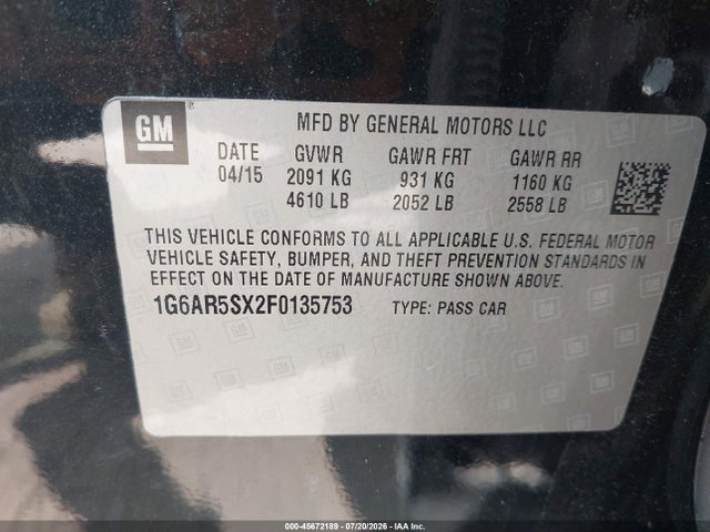 45672189 :رقم المزاد ، 1G6AR5SX2F0135753 vin ، 2015 Cadillac Cts Luxury مزاد بيع