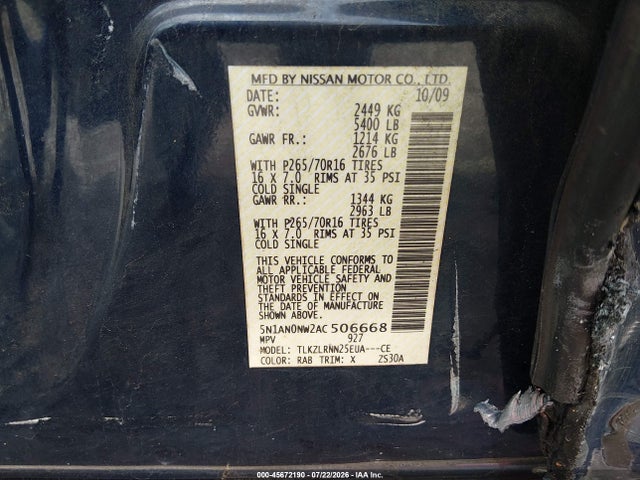 Продажа на аукционе авто 2010 Nissan Xterra S, vin: 5N1AN0NW2AC506668, номер лота: 45672190