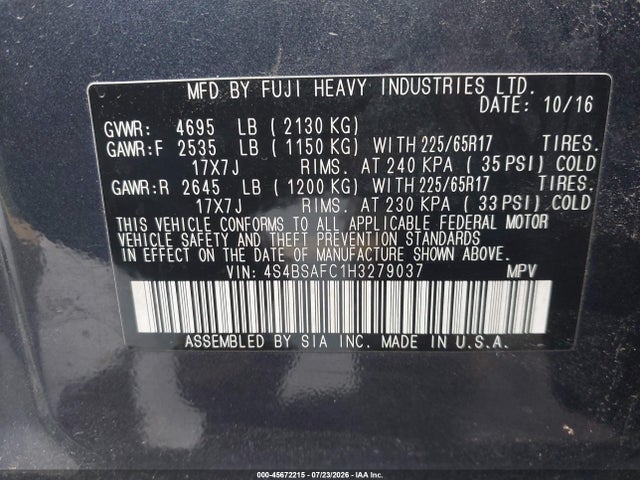 45672215 :رقم المزاد ، 4S4BSAFC1H3279037 vin ، 2017 Subaru Outback 2.5i Premium مزاد بيع