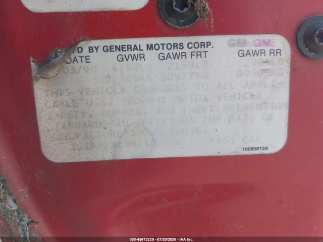 45672229 :رقم المزاد ، 1G1FP23EXML103626 vin ، 1991 Chevrolet Camaro Rs مزاد بيع