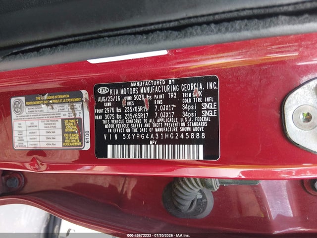 Aukcja sprzedaży 2017 Kia Sorento 2.4l Lx, vin: 5XYPG4A31HG245888, numer aukcji: 45672233