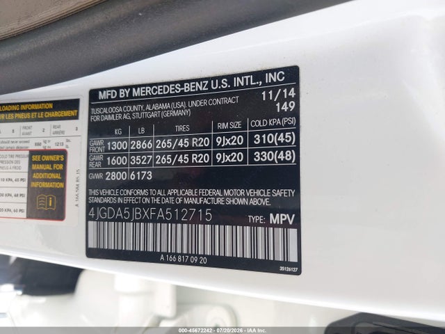 Aukcja sprzedaży 2015 Mercedes-benz Ml 350, vin: 4JGDA5JBXFA512715, numer aukcji: 45672242