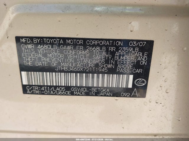 2007 Lexus Es 350 მანქანა იყიდება აუქციონზე, vin: JTHBJ46GX72111945, აუქციონის ნომერი: 45672248