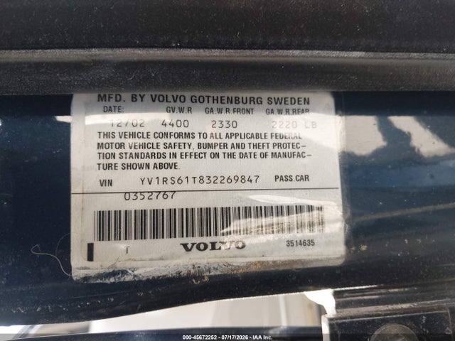 Auction sale of the 2003 Volvo S60 2.4, vin: YV1RS61T832269847, lot number: 45672252