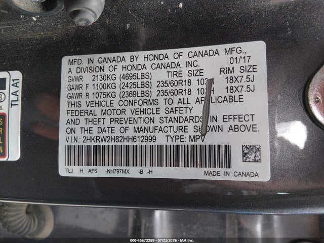 2HKRW2H82HH612999 Honda Cr-v Ex-l/ex-l Navi