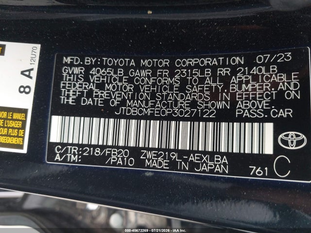 45672269 :رقم المزاد ، JTDBCMFE0P3027122 vin ، 2023 Toyota Corolla Hybrid Le مزاد بيع