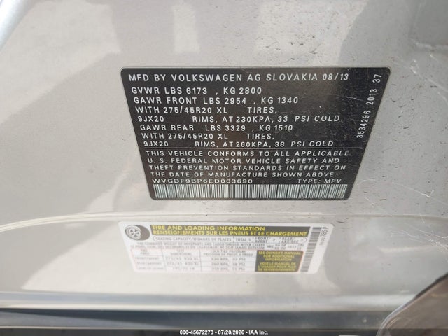 Продаж на аукціоні авто 2014 Volkswagen Touareg 3.6l R-line, vin: WVGDF9BP6ED003690, номер лоту: 45672273