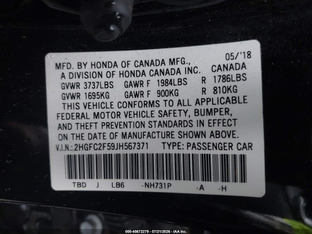 Продаж на аукціоні авто 2018 Honda Civic Lx, vin: 2HGFC2F59JH567371, номер лоту: 45672279