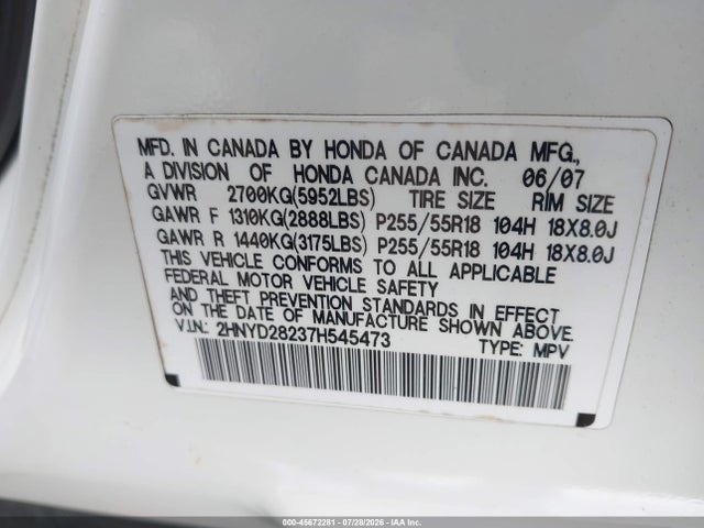 Продажа на аукционе авто 2007 Acura Mdx, vin: 2HNYD28237H545473, номер лота: 45672281