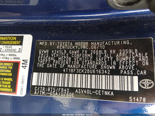 Продаж на аукціоні авто 2011 Toyota Camry Le, vin: 4T1BF3EK2BU616342, номер лоту: 45672286