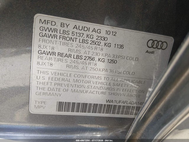 45672291 :رقم المزاد ، WA1UFAFL4DA149528 vin ، 2013 Audi Allroad 2.0t Premium Plus مزاد بيع