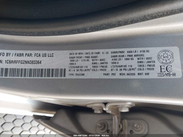 45672294 :رقم المزاد ، 1C6RRFFG2NN383364 vin ، 2022 Ram 1500 Big Horn مزاد بيع