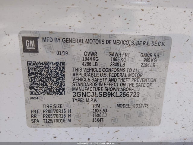 Продажа на аукционе авто 2019 Chevrolet Trax Lt, vin: 3GNCJLSB9KL266723, номер лота: 45672310