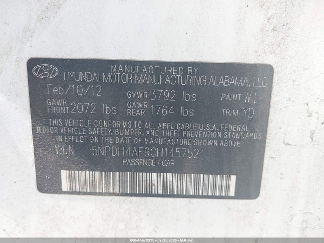 2012 Hyundai Elantra Limited მანქანა იყიდება აუქციონზე, vin: 5NPDH4AE9CH145752, აუქციონის ნომერი: 45672315