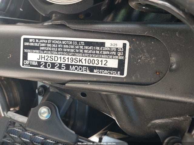 Aukcja sprzedaży 2025 Honda Crf1000 A, vin: JH2SD1519SK100312, numer aukcji: 45672338