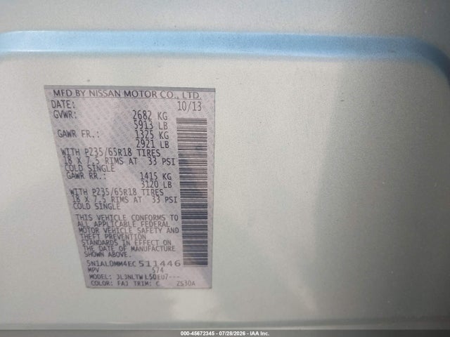 45672345 :رقم المزاد ، 5N1AL0MM4EC511446 vin ، 2014 Infiniti Qx60 مزاد بيع