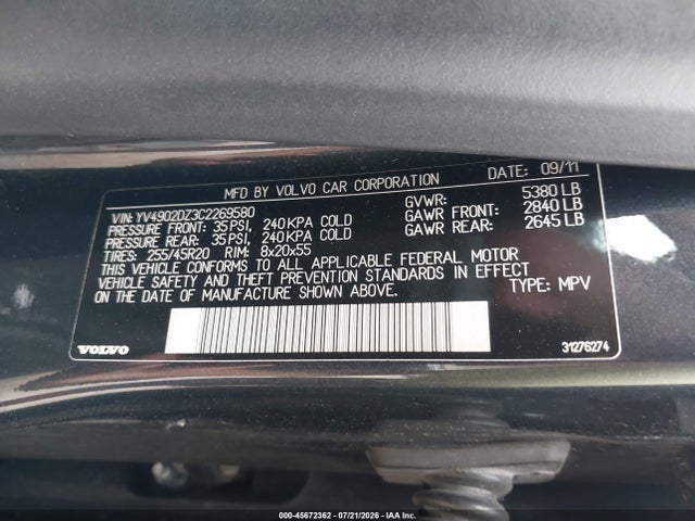 Aukcja sprzedaży 2012 Volvo Xc60 T6 Premier Plus, vin: YV4902DZ3C2269580, numer aukcji: 45672362