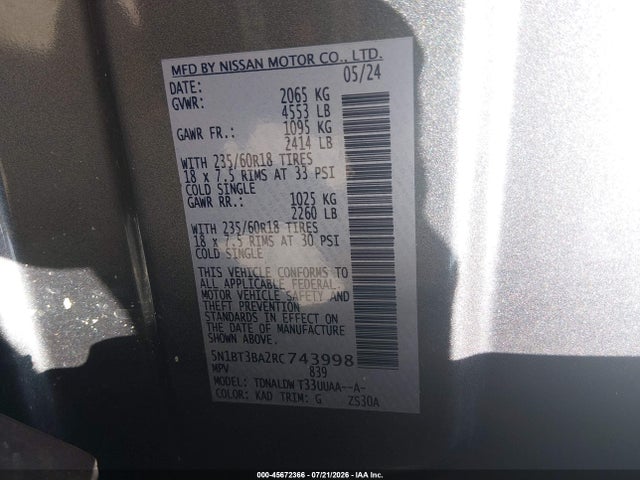Продажа на аукционе авто 2024 Nissan Rogue Sv Fwd, vin: 5N1BT3BA2RC743998, номер лота: 45672366