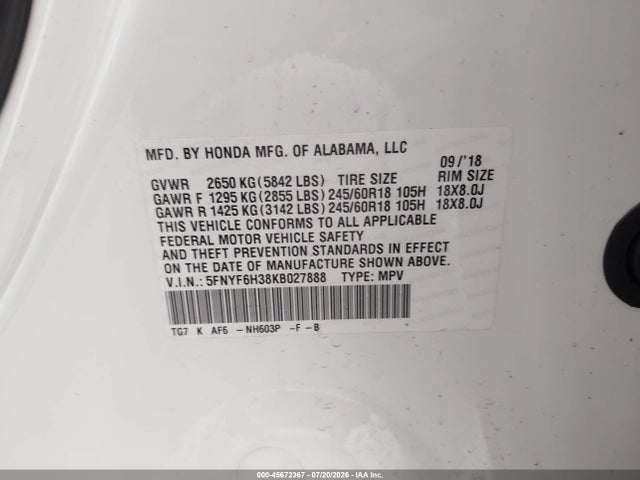 5FNYF6H38KB027888 Honda Pilot Ex