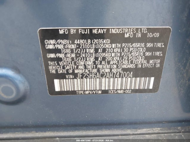 Продажа на аукционе авто 2010 Subaru Forester 2.5x, vin: JF2SH6AC2AH747004, номер лота: 45672368