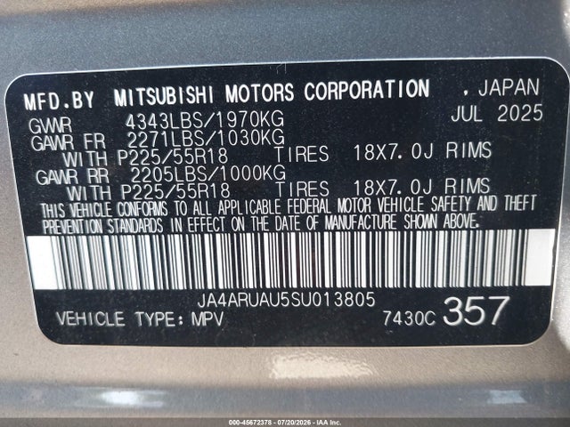 2025 Mitsubishi Outlander Sport 2.0 Es Awc/2.0 Le Awc/2.0 S Awc/2.0 Se Awc/2.0 Trail Edition Awc მანქანა იყიდება აუქციონზე, vin: JA4ARUAU5SU013805, აუქციონის ნომერი: 45672378