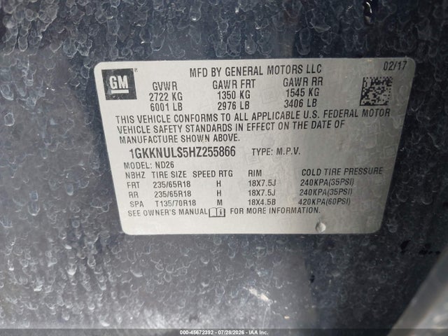 45672392 :رقم المزاد ، 1GKKNULS5HZ255866 vin ، 2017 Gmc Acadia Slt-1 مزاد بيع