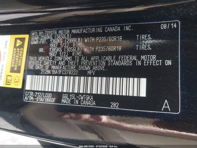 Aukcja sprzedaży 2015 Lexus Rx 350, vin: 2T2BK1BA1FC278222, numer aukcji: 45672393