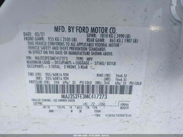 MAJ3S2FE3MC417273 Ford ECOSPORT S