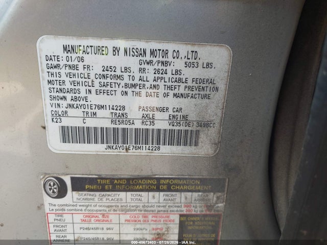 Продажа на аукционе авто 2006 Infiniti M35, vin: JNKAY01E76M114228, номер лота: 45672403