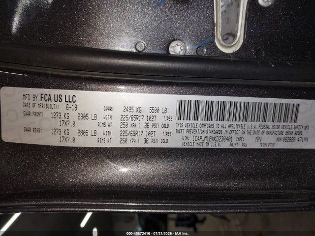 45672416 :رقم المزاد ، 1C4PJMLBXKD230401 vin ، 2019 Jeep Cherokee Latitude Plus 4x4 مزاد بيع