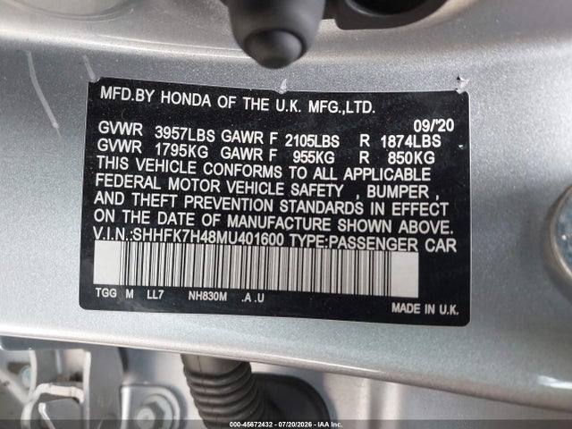 45672432 :رقم المزاد ، SHHFK7H48MU401600 vin ، 2021 Honda Civic Sport مزاد بيع