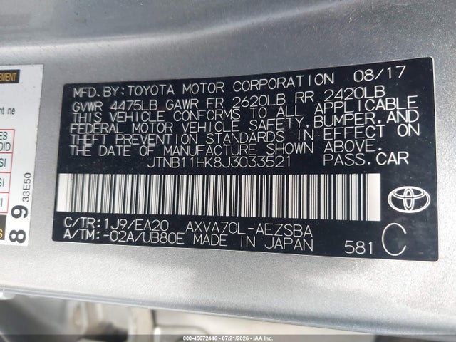 Aukcja sprzedaży 2018 Toyota Camry Se, vin: JTNB11HK8J3033521, numer aukcji: 45672446