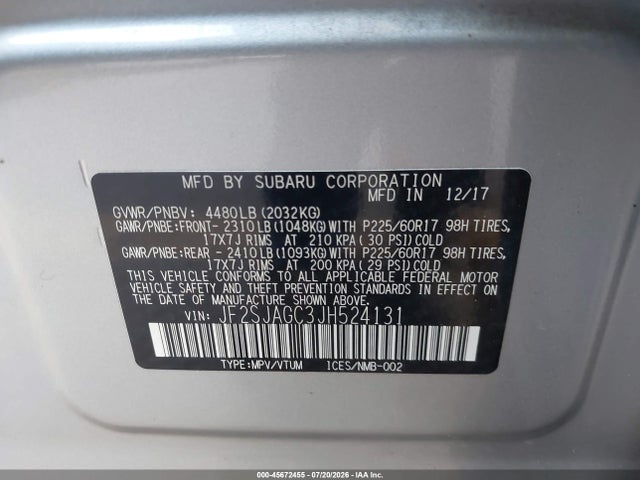 45672455 :رقم المزاد ، JF2SJAGC3JH524131 vin ، 2018 Subaru Forester 2.5i Premium مزاد بيع